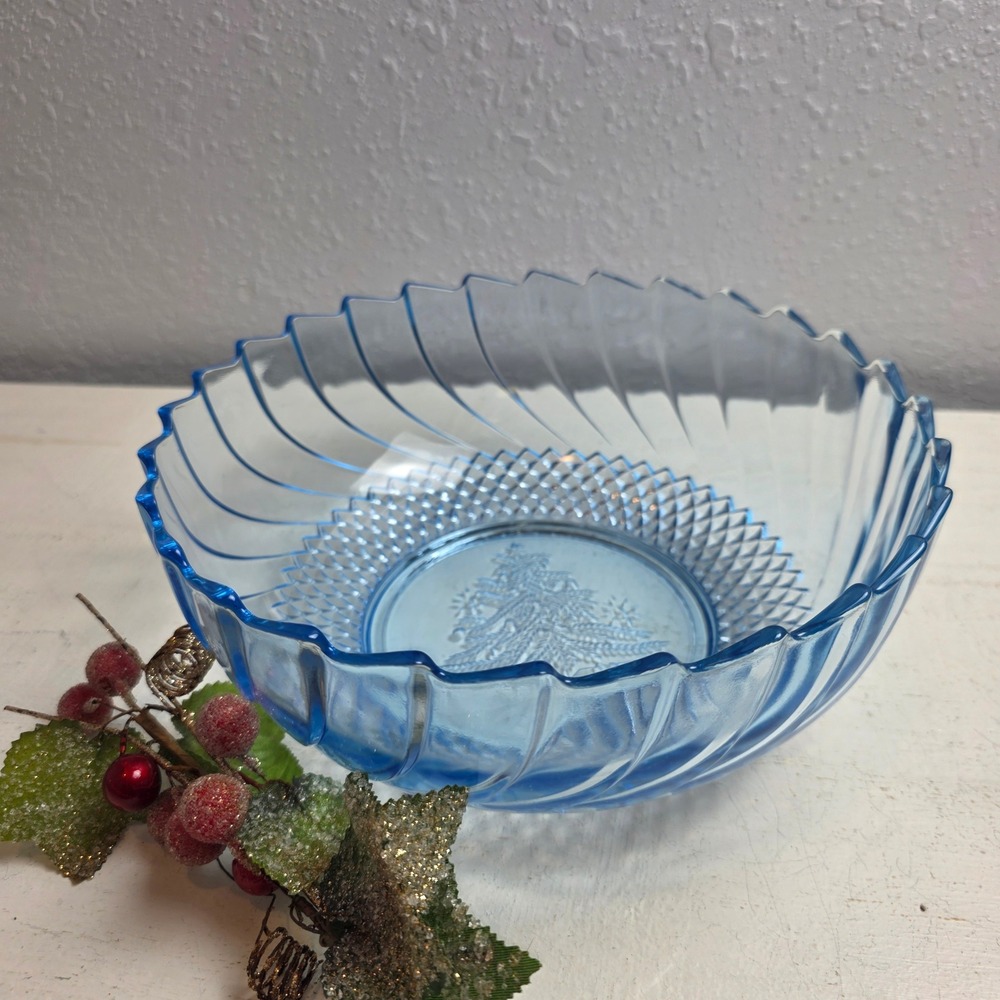 KIG Indonesia Light Blue Christmas Serving Bowl Tree Ornate Textured Glass 9inch
